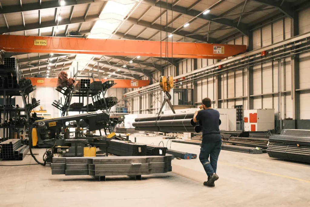 Workers moving steel pipes in a building materials warehouse
