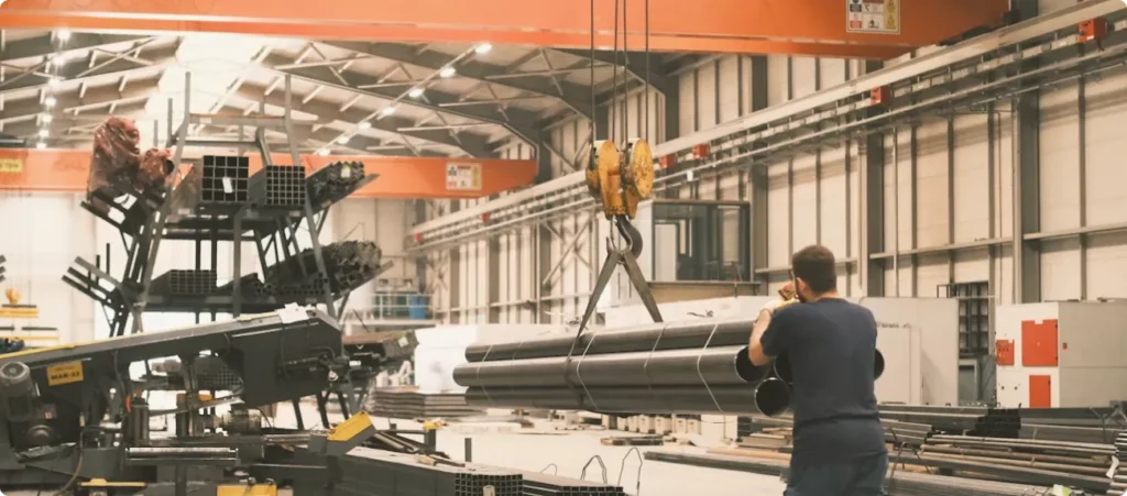 Workers moving steel pipes in a building materials warehouse