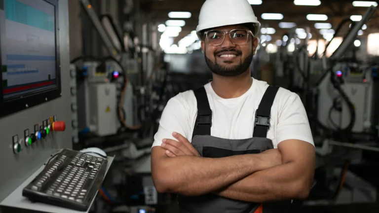Indian plant technician in safety gear on a modern factory floor
