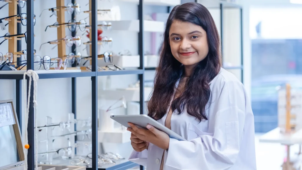 Indian in-store retail associate holding a tablet on the shop floor