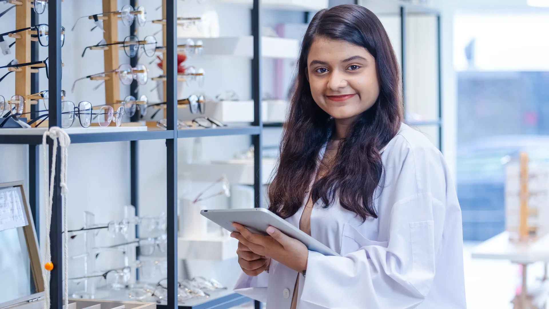 Indian in-store retail associate holding a tablet on the shop floor