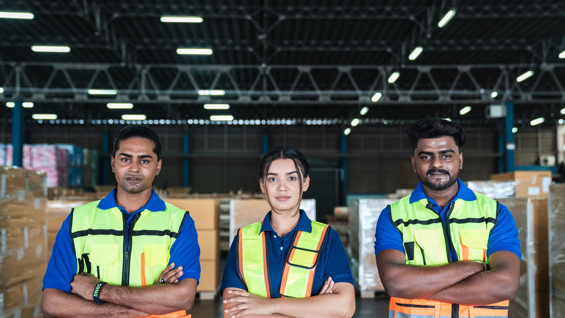 Uniformed workforce team standing in a modern warehouse