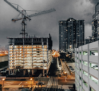 High-rise construction site with tower cranes