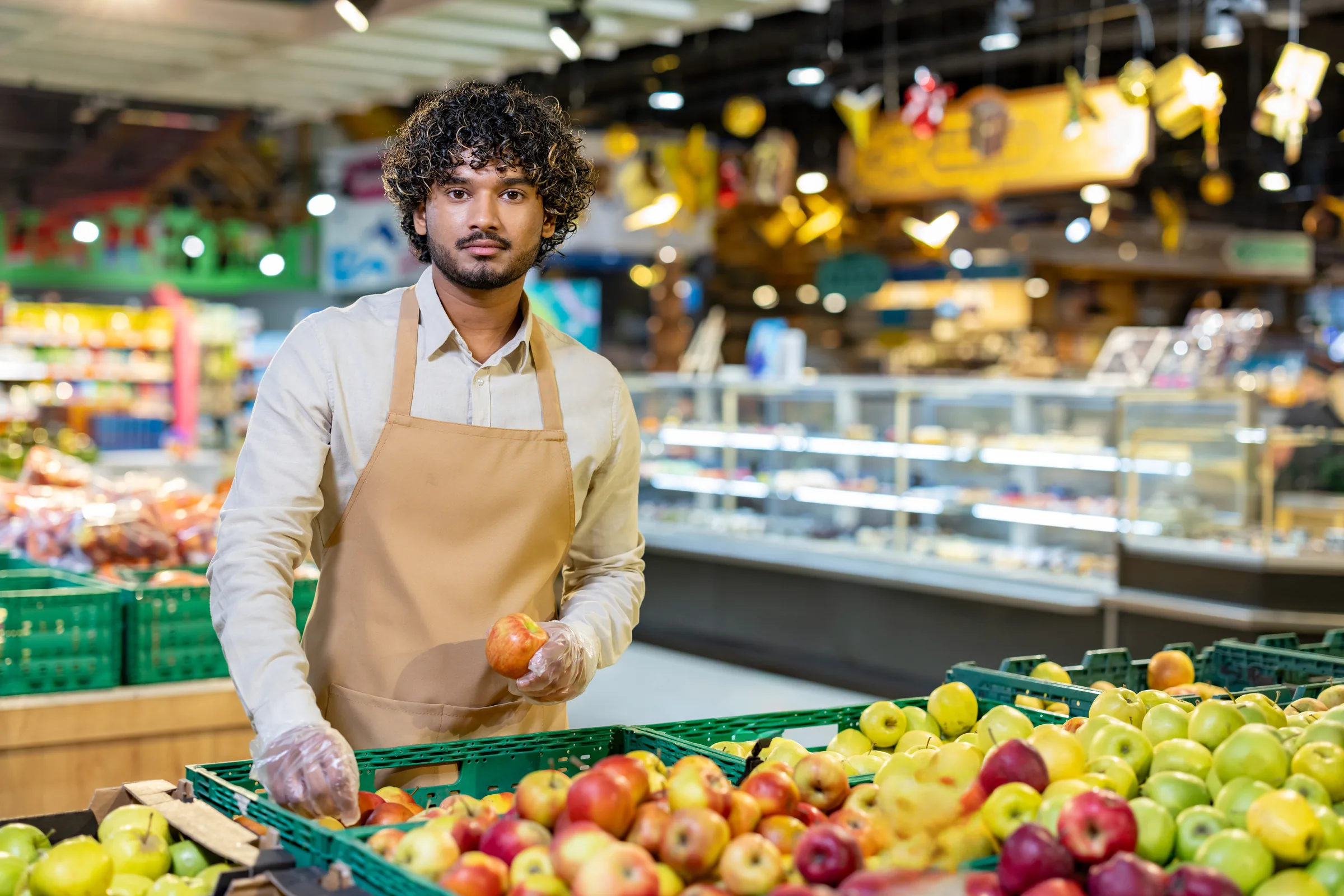 Supermarket associate arranging fresh produce